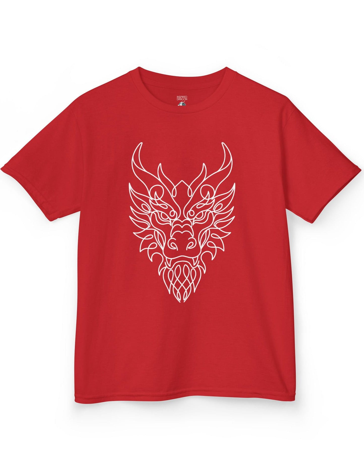 Line Art Dragon shirt in red featuring an elegant line art dragon face with a clean, minimalist style