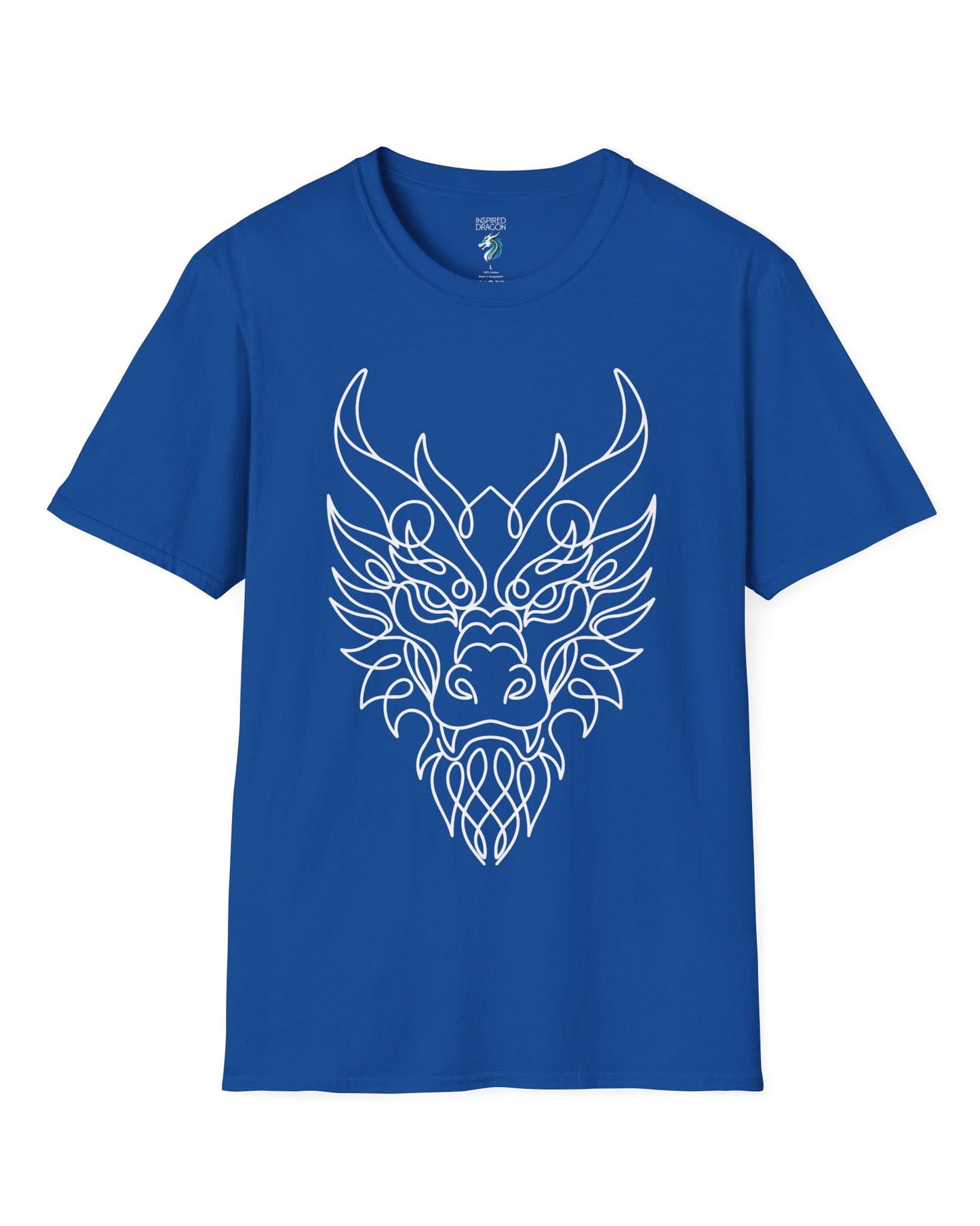 Line Art Dragon shirt in royal blue featuring an elegant line art dragon face with a clean, minimalist style