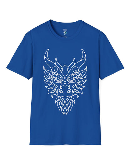 Line Art Dragon shirt in royal blue featuring an elegant line art dragon face with a clean, minimalist style