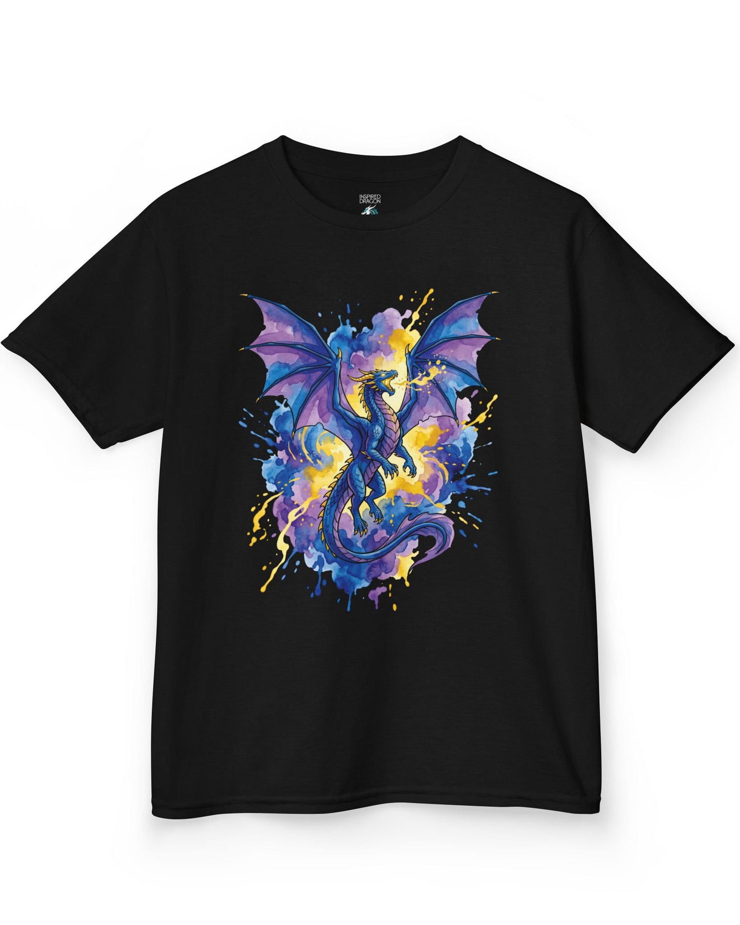 Celestial Tempest shirt in black featuring a majestic blue-purple dragon soaring through vibrant watercolor splashes