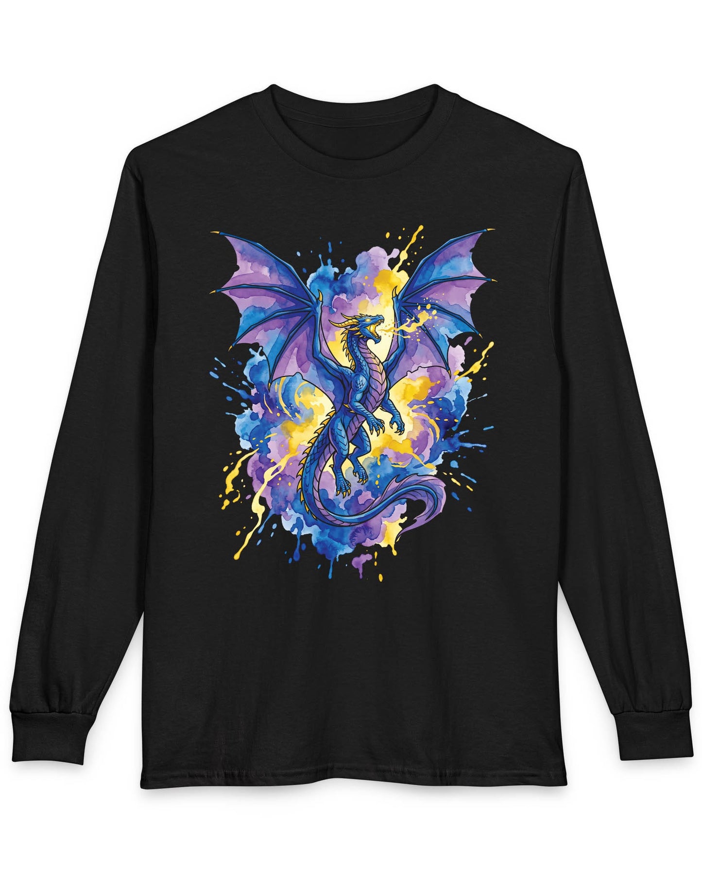 Celestial Tempest shirt in black featuring a majestic blue-purple dragon soaring through vibrant watercolor splashes