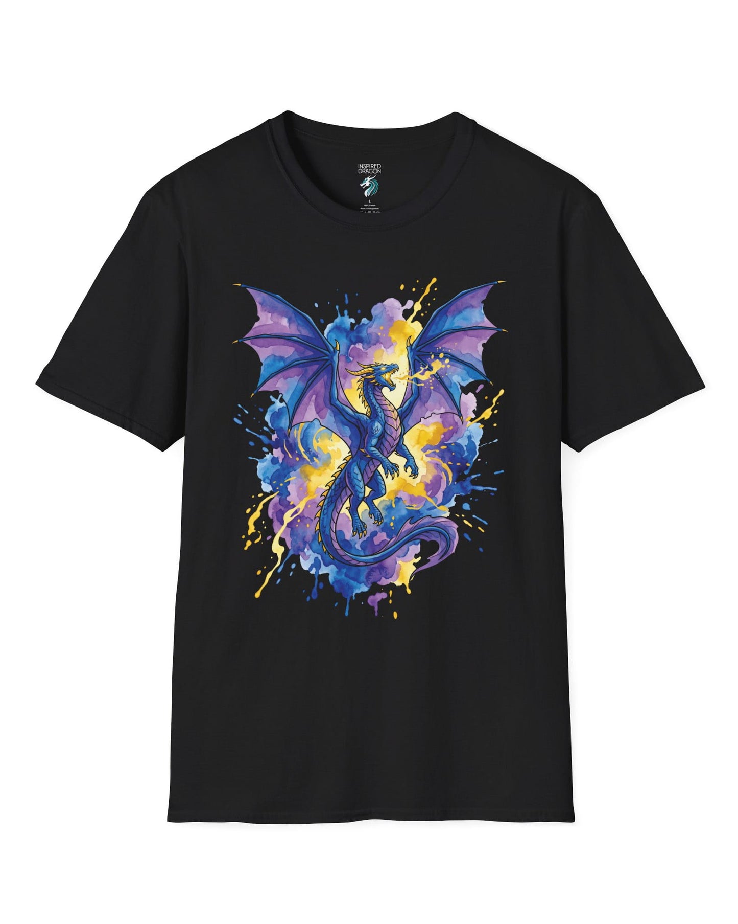 Celestial Tempest shirt in black featuring a majestic blue-purple dragon soaring through vibrant watercolor splashes