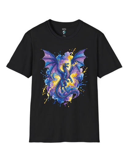 Celestial Tempest shirt in black featuring a majestic blue-purple dragon soaring through vibrant watercolor splashes