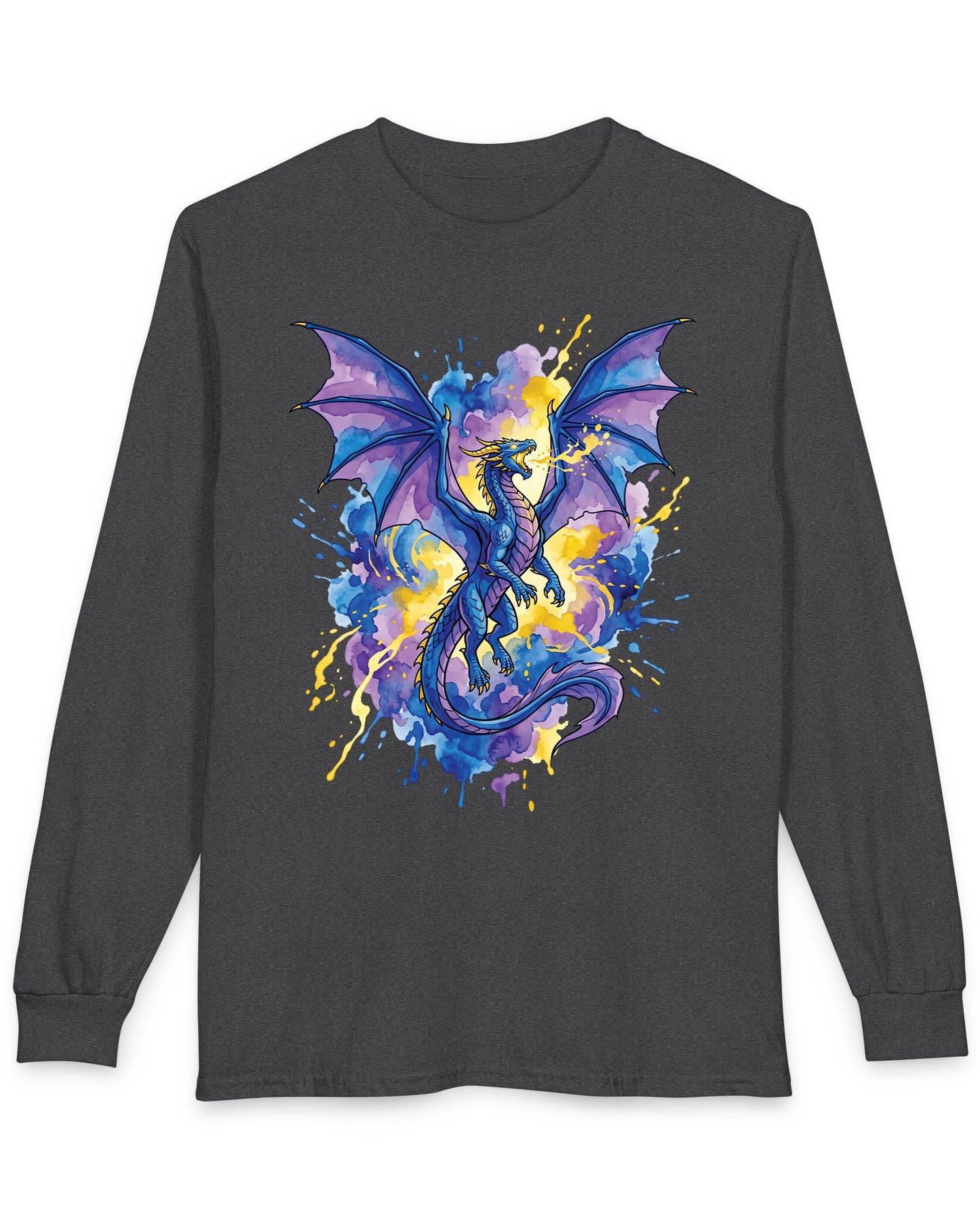 Celestial Tempest shirt in dark heather featuring a majestic blue-purple dragon soaring through vibrant watercolor splashes