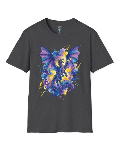 Celestial Tempest shirt in dark heather featuring a majestic blue-purple dragon soaring through vibrant watercolor splashes