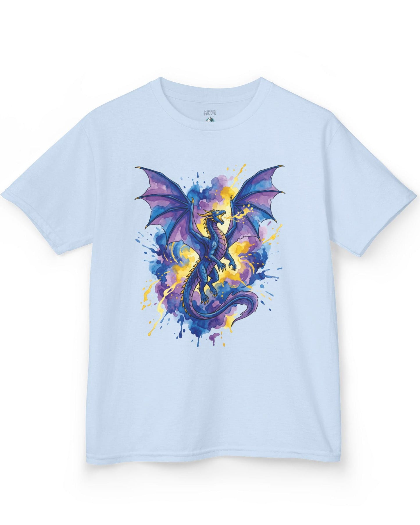 Celestial Tempest shirt in light blue featuring a majestic blue-purple dragon soaring through vibrant watercolor splashes