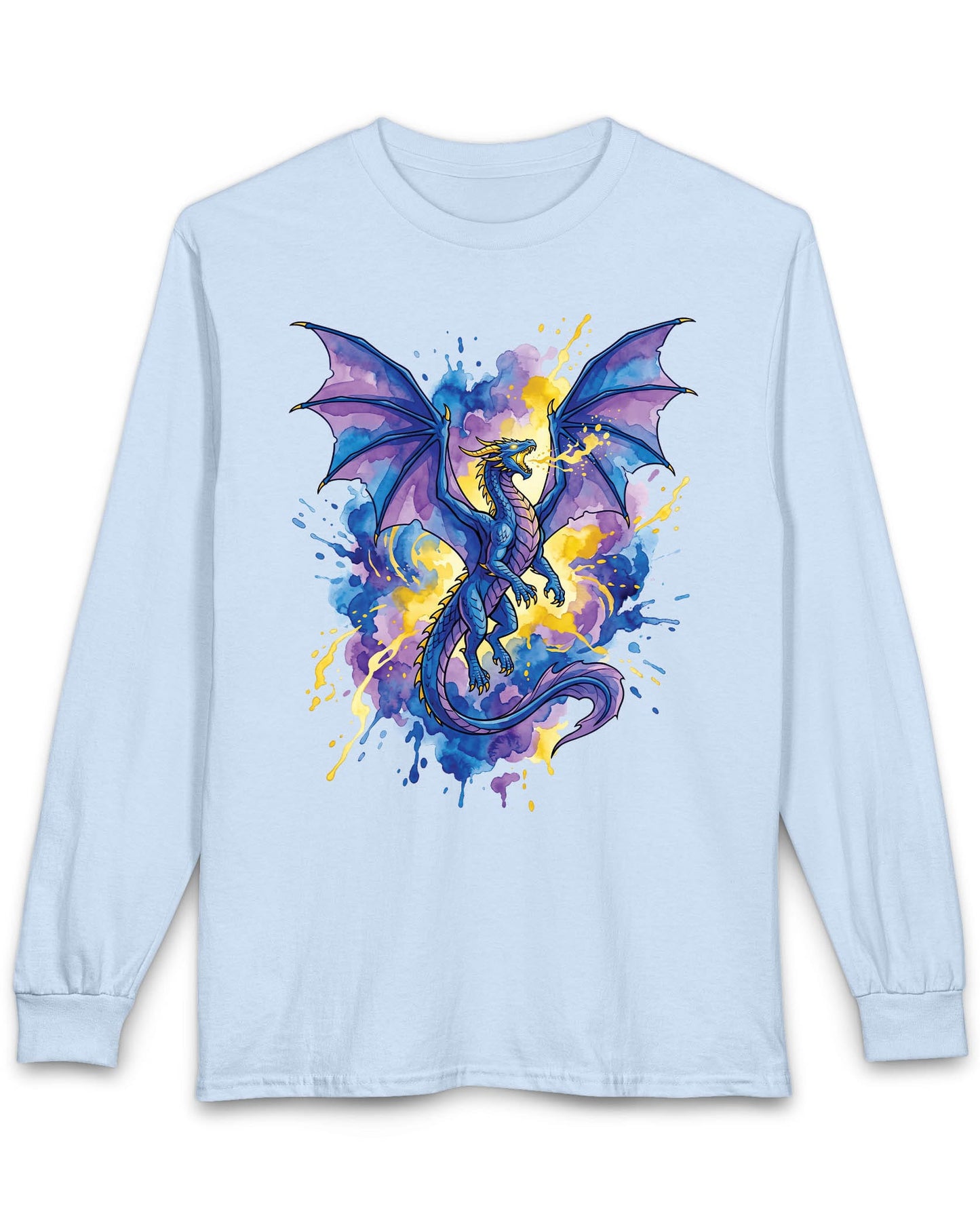 Celestial Tempest shirt in light blue featuring a majestic blue-purple dragon soaring through vibrant watercolor splashes