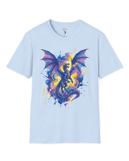 Celestial Tempest shirt in light blue featuring a majestic blue-purple dragon soaring through vibrant watercolor splashes