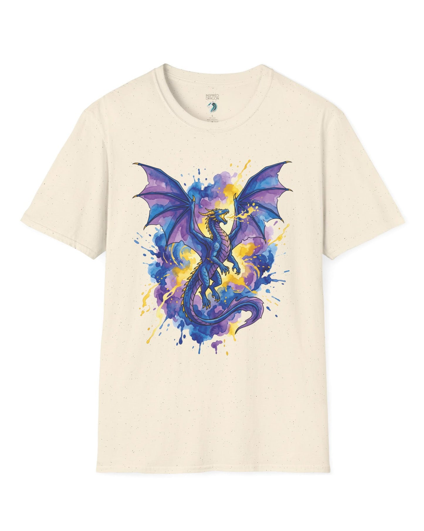 Celestial Tempest shirt in natural featuring a majestic blue-purple dragon soaring through vibrant watercolor splashes