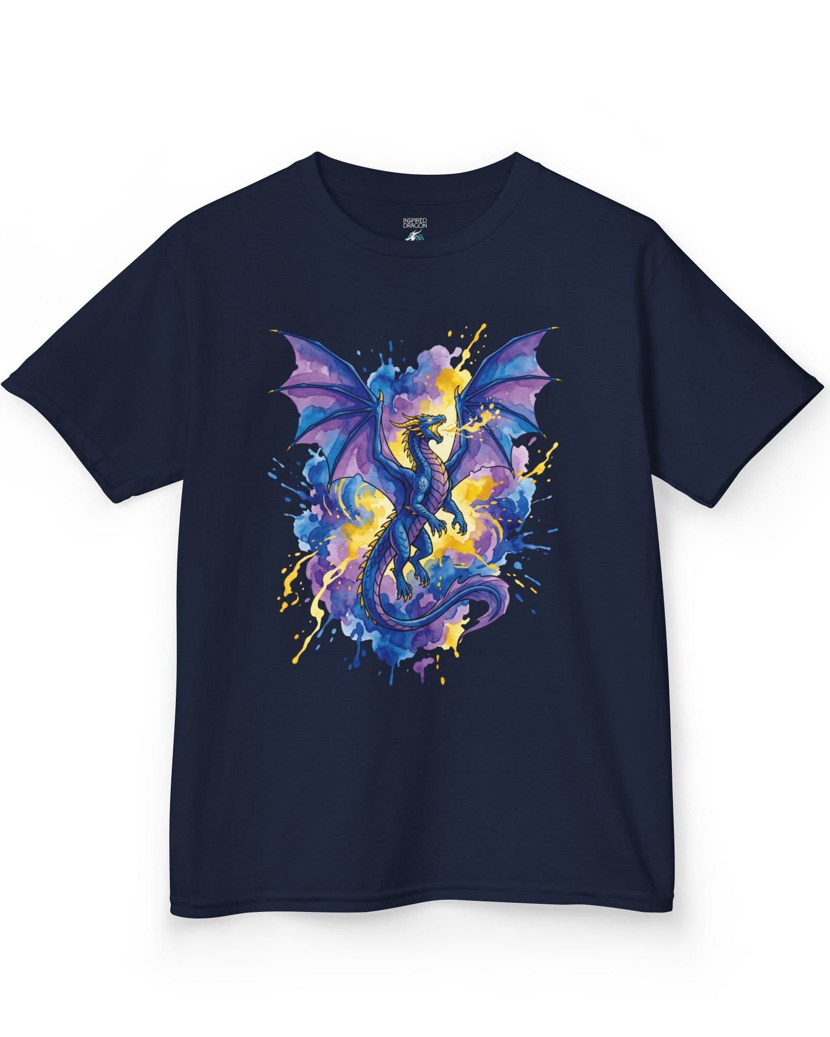 Celestial Tempest shirt in navy featuring a majestic blue-purple dragon soaring through vibrant watercolor splashes