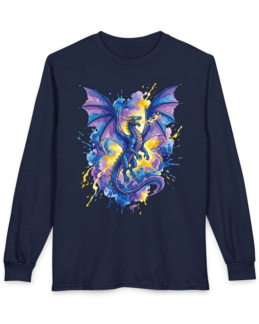Celestial Tempest shirt in navy featuring a majestic blue-purple dragon soaring through vibrant watercolor splashes