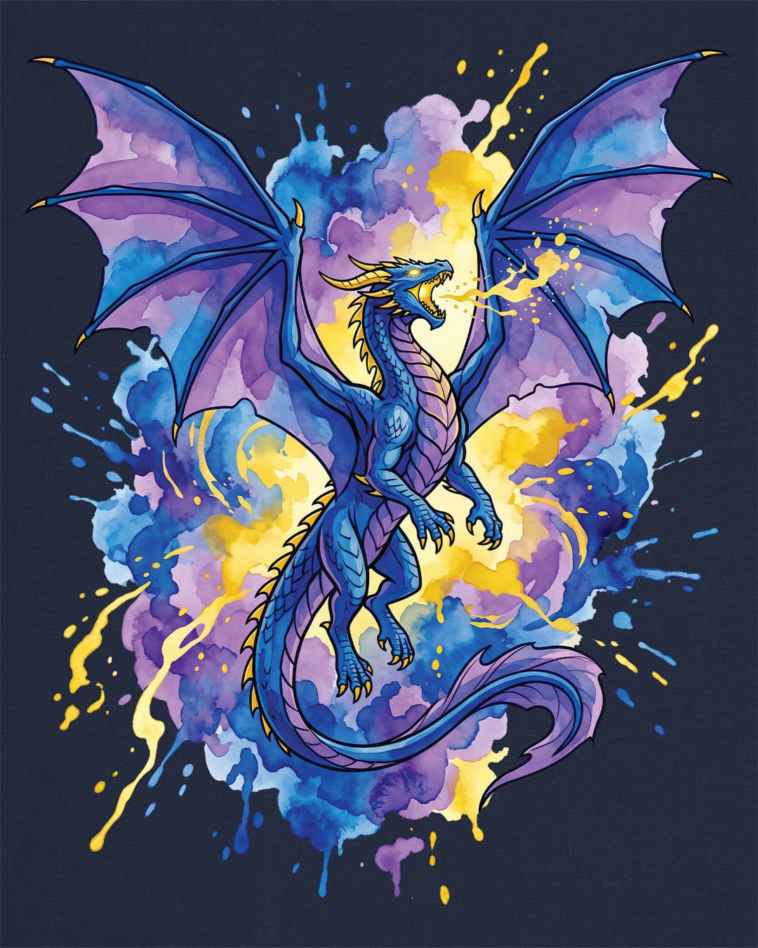 Celestial Tempest shirt in navy featuring a majestic blue-purple dragon soaring through vibrant watercolor splashes
