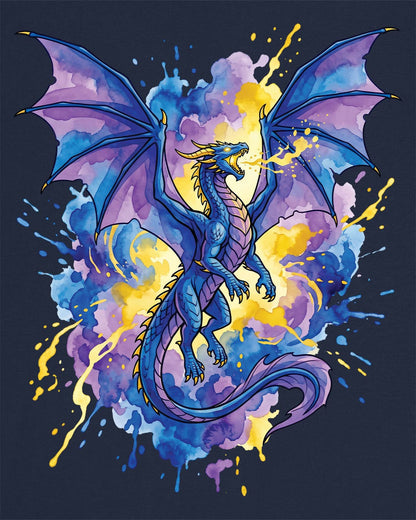 Celestial Tempest shirt in navy featuring a majestic blue-purple dragon soaring through vibrant watercolor splashes