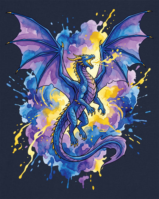 Celestial Tempest shirt in navy featuring a majestic blue-purple dragon soaring through vibrant watercolor splashes
