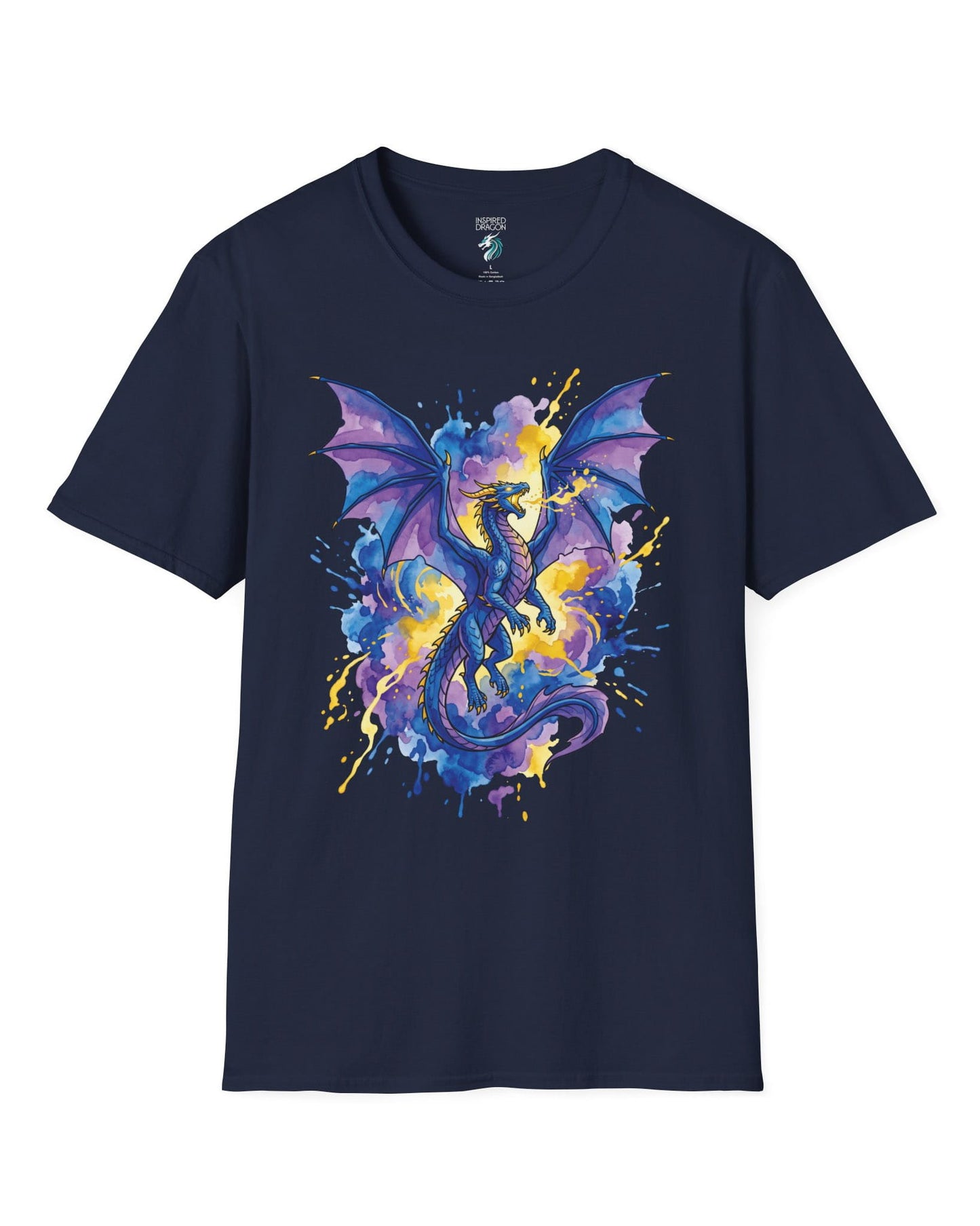 Celestial Tempest shirt in navy featuring a majestic blue-purple dragon soaring through vibrant watercolor splashes