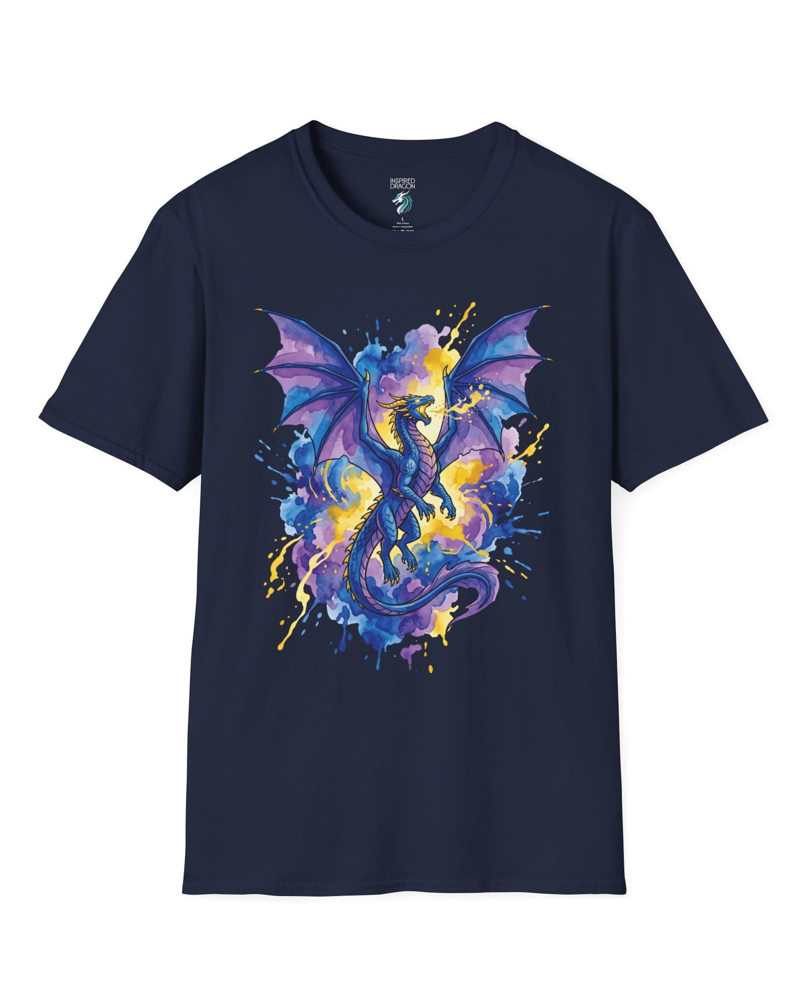 Celestial Tempest shirt in navy featuring a majestic blue-purple dragon soaring through vibrant watercolor splashes