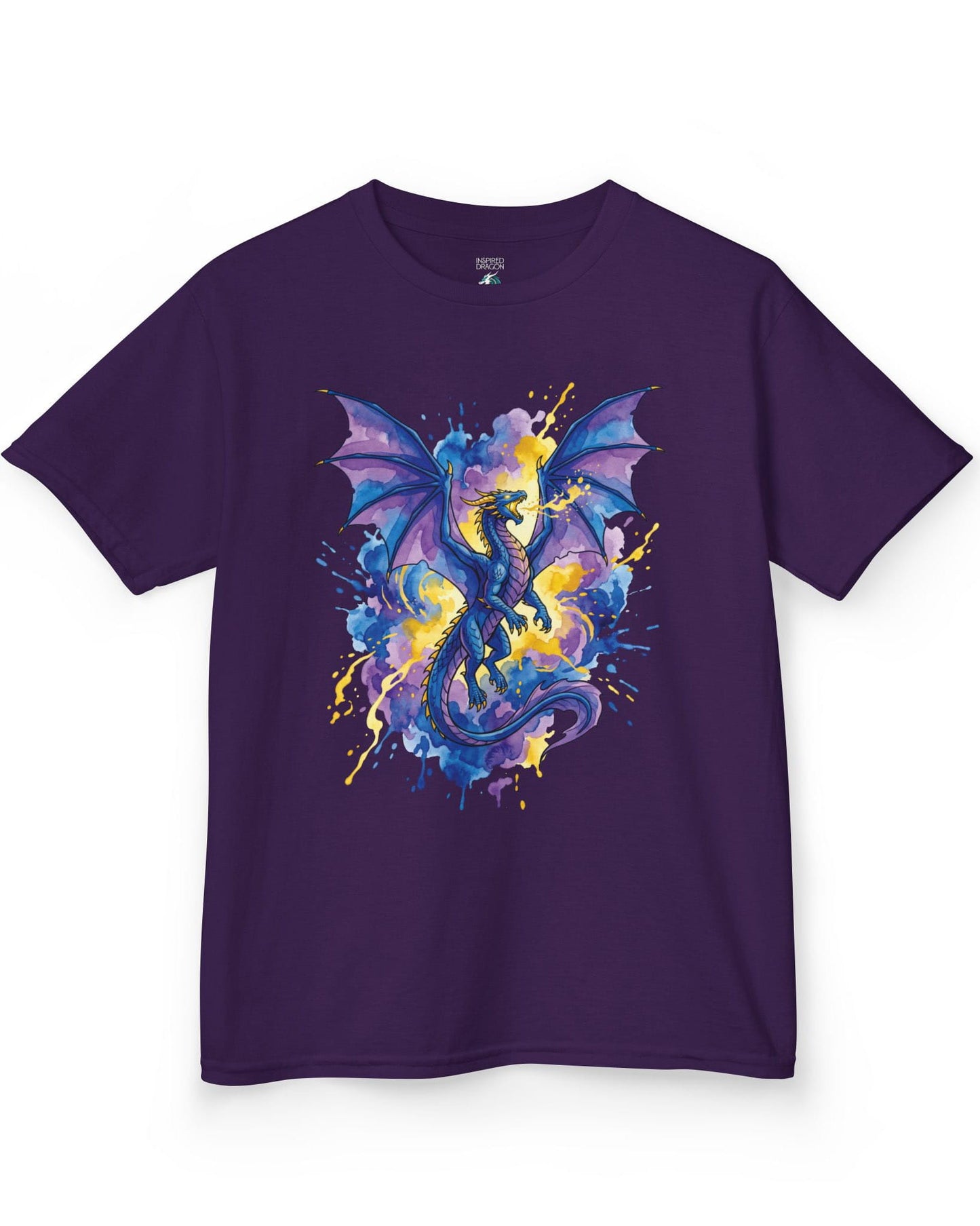 Celestial Tempest shirt in purple featuring a majestic blue-purple dragon soaring through vibrant watercolor splashes