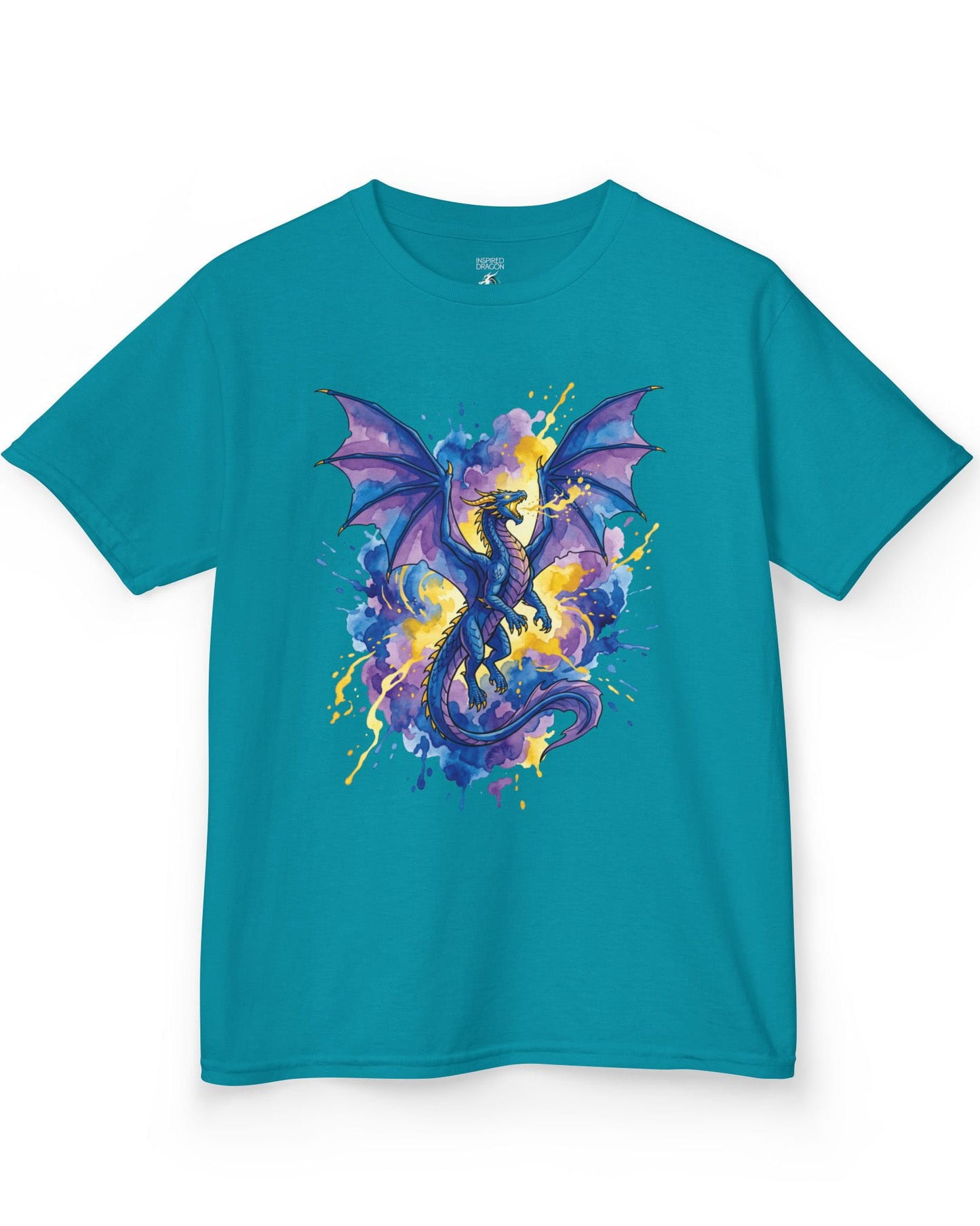 Celestial Tempest shirt in tropical blue featuring a majestic blue-purple dragon soaring through vibrant watercolor splashes
