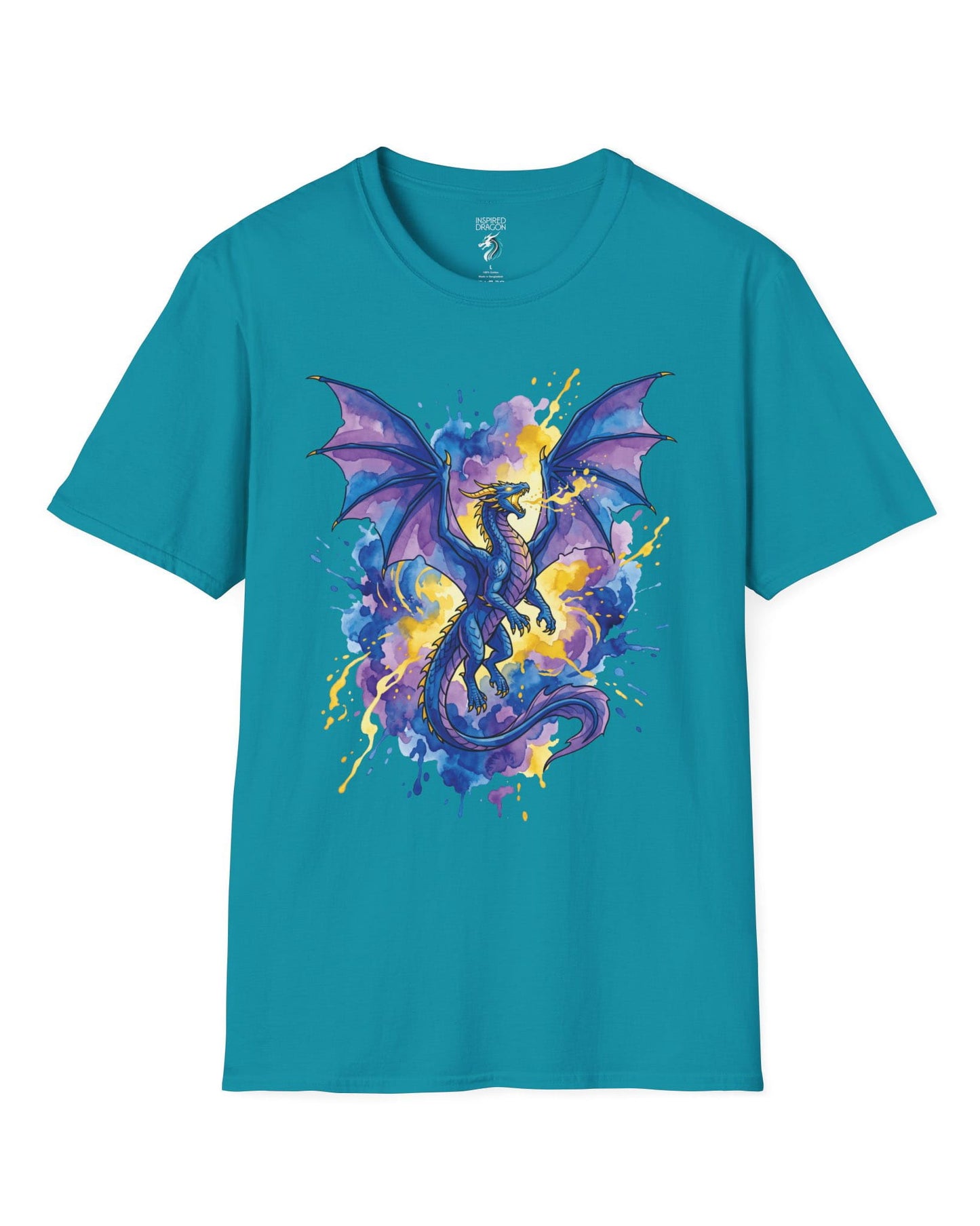 Celestial Tempest shirt in tropical blue featuring a majestic blue-purple dragon soaring through vibrant watercolor splashes