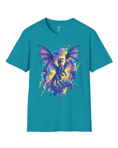 Celestial Tempest shirt in tropical blue featuring a majestic blue-purple dragon soaring through vibrant watercolor splashes