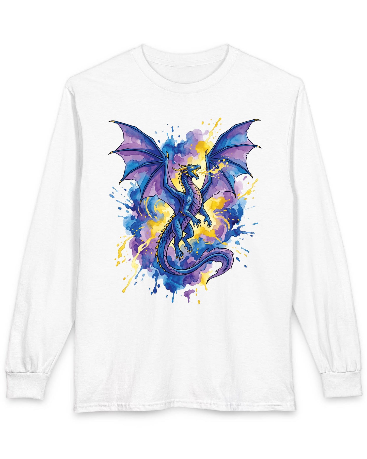 Celestial Tempest shirt in white featuring a majestic blue-purple dragon soaring through vibrant watercolor splashes