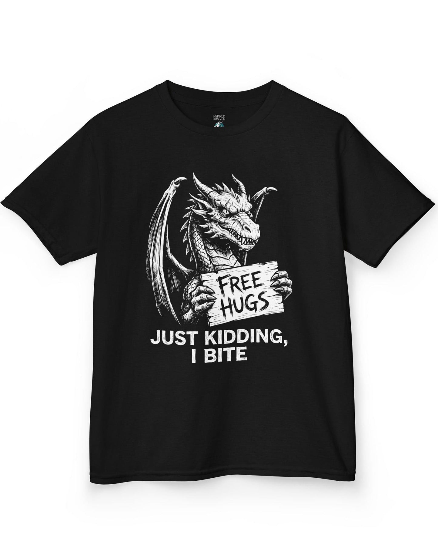 Just Kidding, I Bite shirt in black featuring a dragon holding a Free Hugs sign with a mischievous warning
