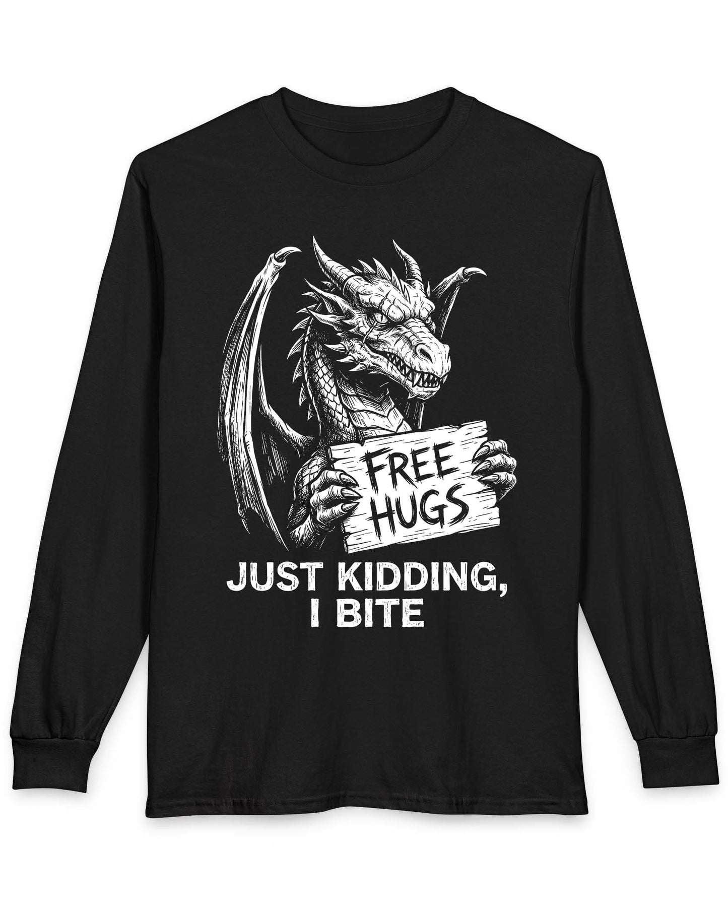 Just Kidding, I Bite shirt in black featuring a dragon holding a Free Hugs sign with a mischievous warning