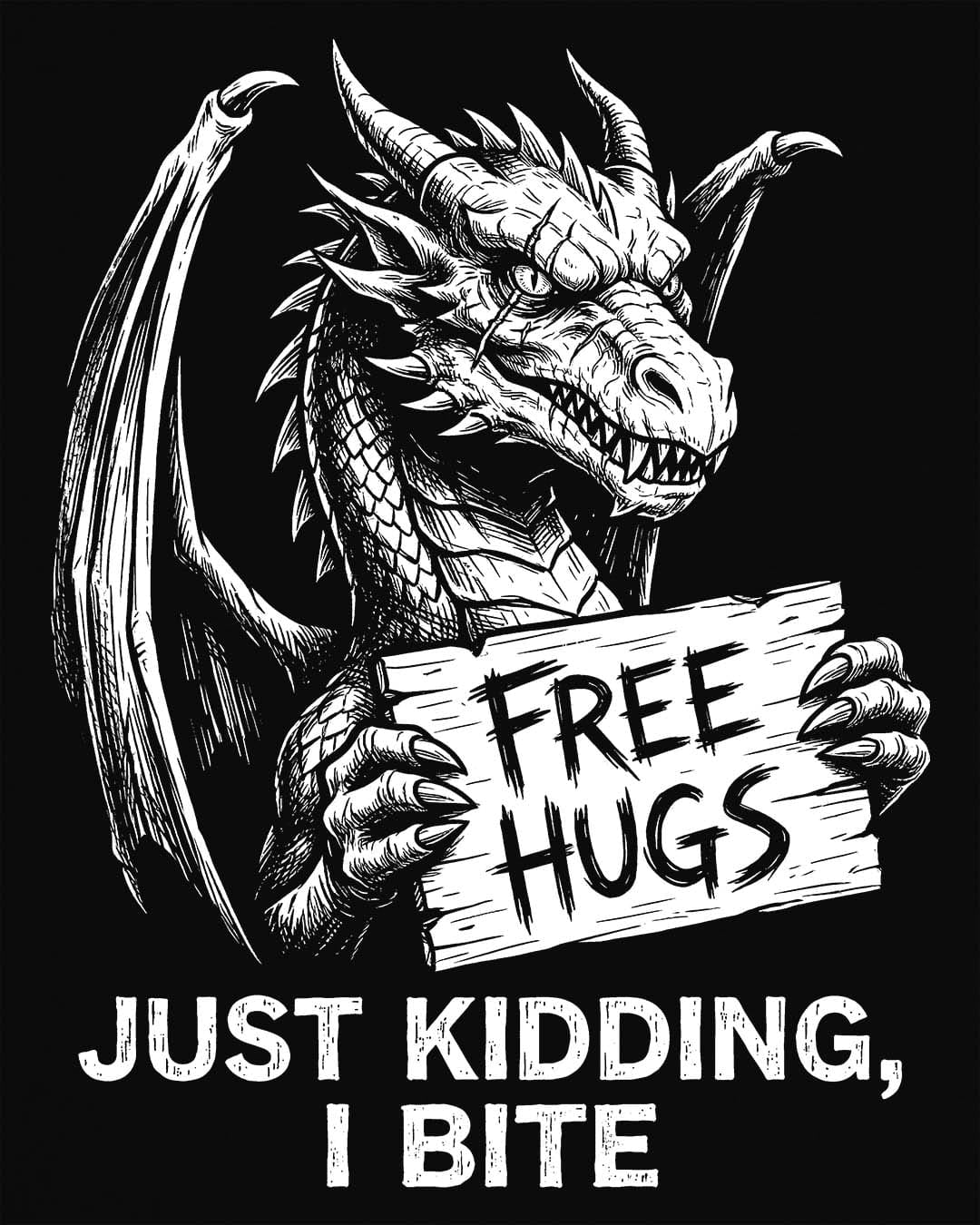 Just Kidding, I Bite shirt in black featuring a dragon holding a Free Hugs sign with a mischievous warning