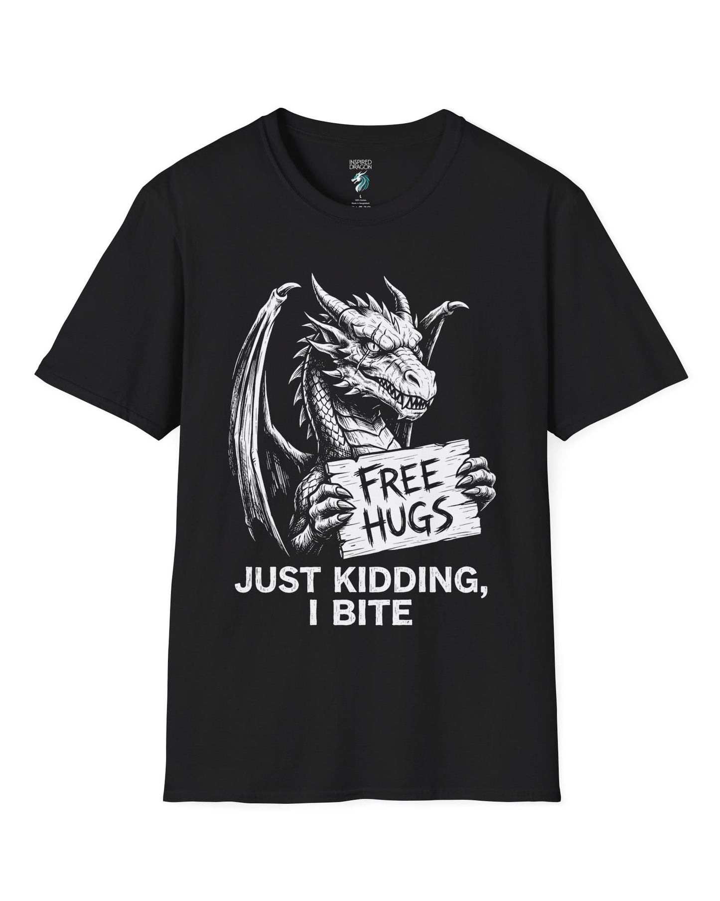 Just Kidding, I Bite shirt in black featuring a dragon holding a Free Hugs sign with a mischievous warning