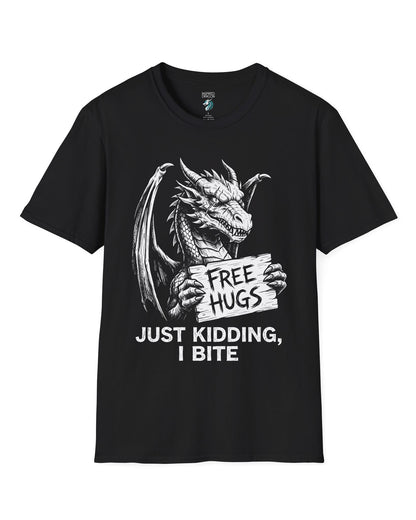 Just Kidding, I Bite shirt in black featuring a dragon holding a Free Hugs sign with a mischievous warning