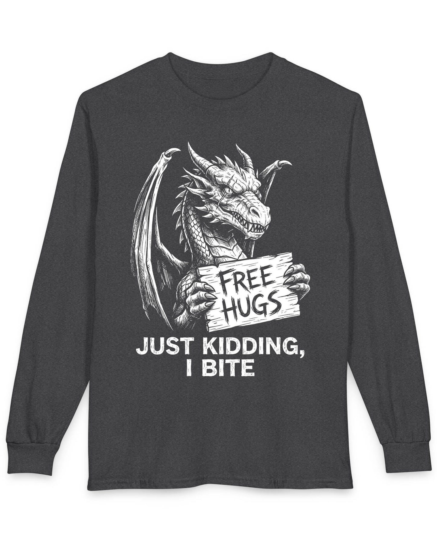 Just Kidding, I Bite shirt in dark heather featuring a dragon holding a Free Hugs sign with a mischievous warning