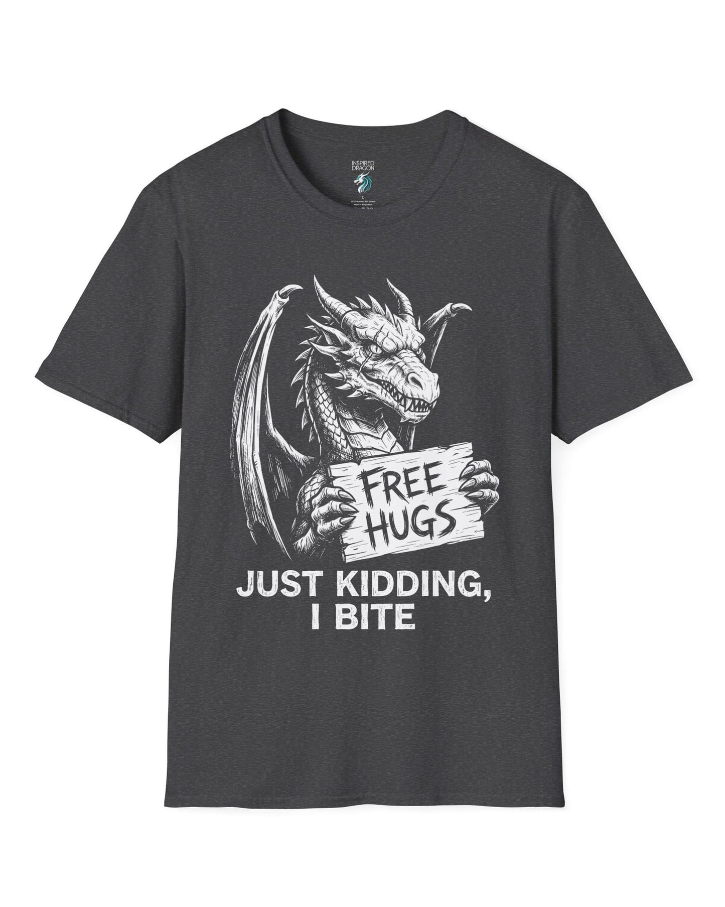 Just Kidding, I Bite shirt in dark heather featuring a dragon holding a Free Hugs sign with a mischievous warning