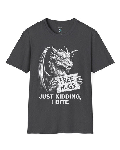 Just Kidding, I Bite shirt in dark heather featuring a dragon holding a Free Hugs sign with a mischievous warning