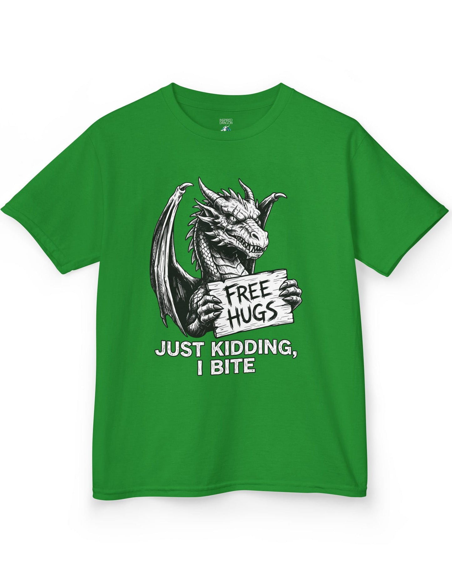 Just Kidding, I Bite shirt in Irish green featuring a dragon holding a Free Hugs sign with a mischievous warning