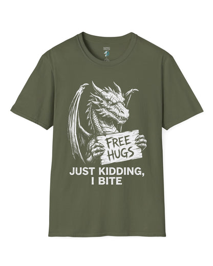 Just Kidding, I Bite shirt in military green featuring a dragon holding a Free Hugs sign with a mischievous warning