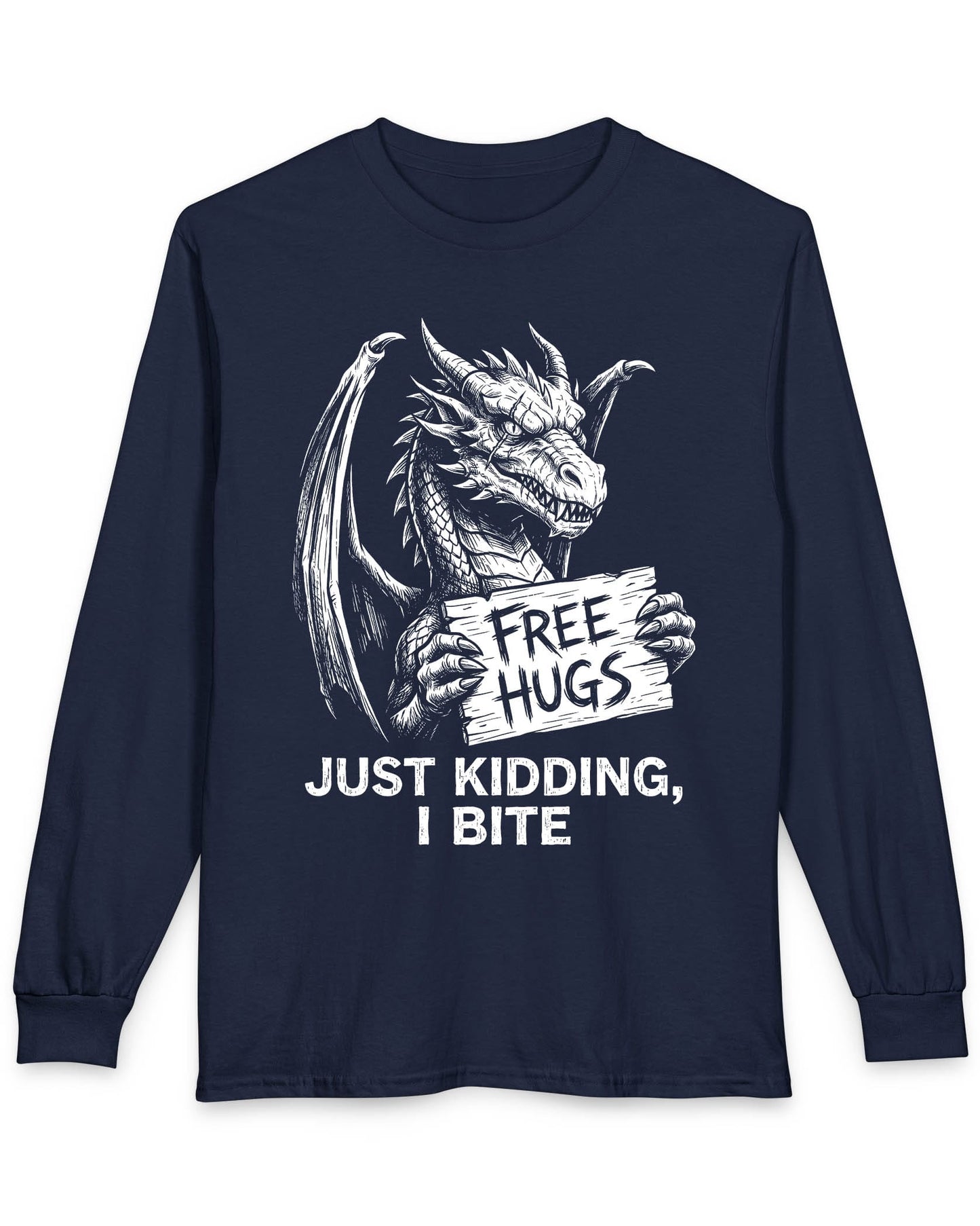 Just Kidding, I Bite shirt in navy featuring a dragon holding a Free Hugs sign with a mischievous warning