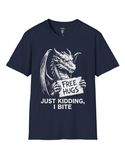 Just Kidding, I Bite shirt in navy featuring a dragon holding a Free Hugs sign with a mischievous warning