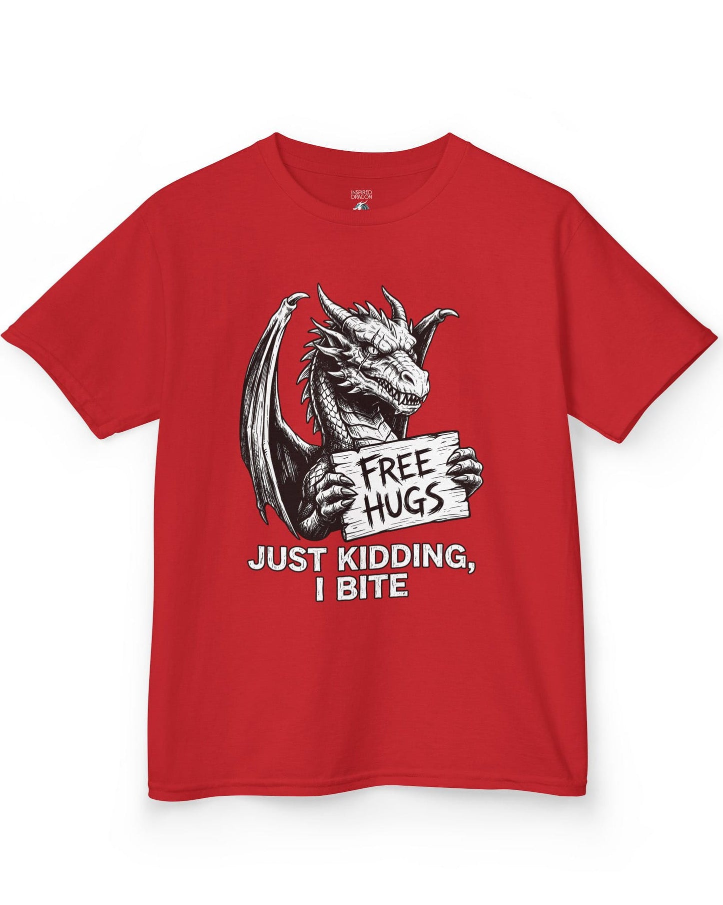 Just Kidding, I Bite shirt in red featuring a dragon holding a Free Hugs sign with a mischievous warning