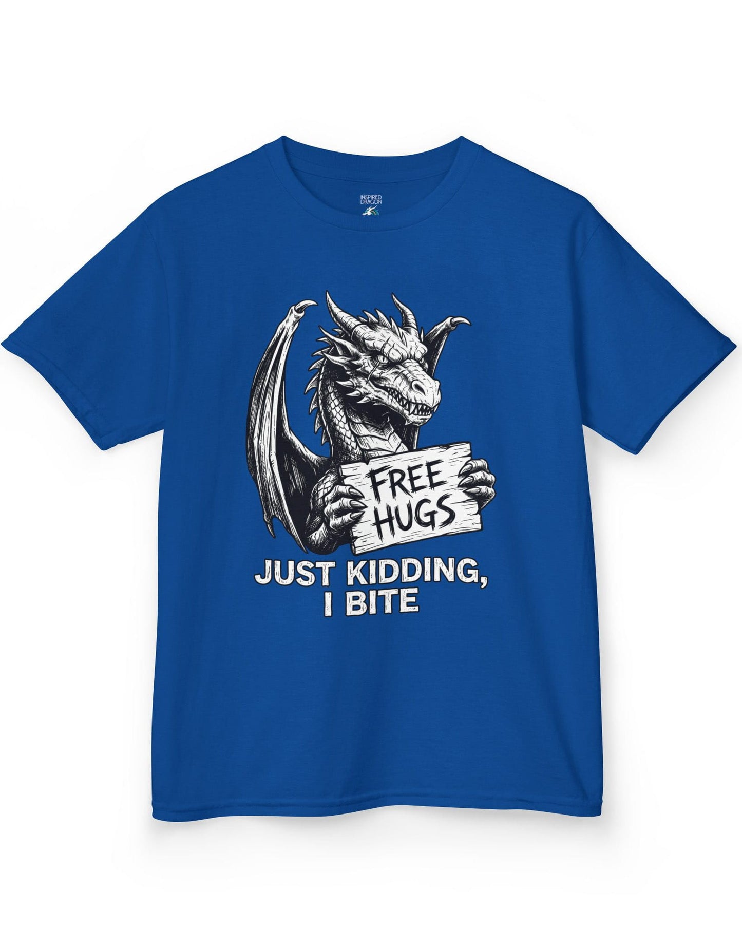 Just Kidding, I Bite shirt in royal blue featuring a dragon holding a Free Hugs sign with a mischievous warning