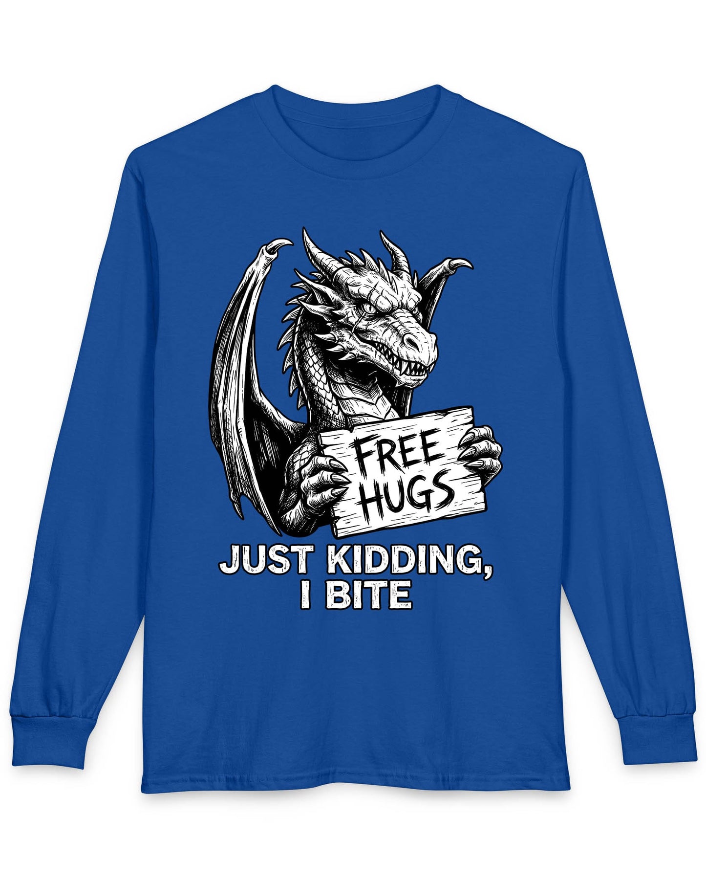 Just Kidding, I Bite shirt in royal blue featuring a dragon holding a Free Hugs sign with a mischievous warning