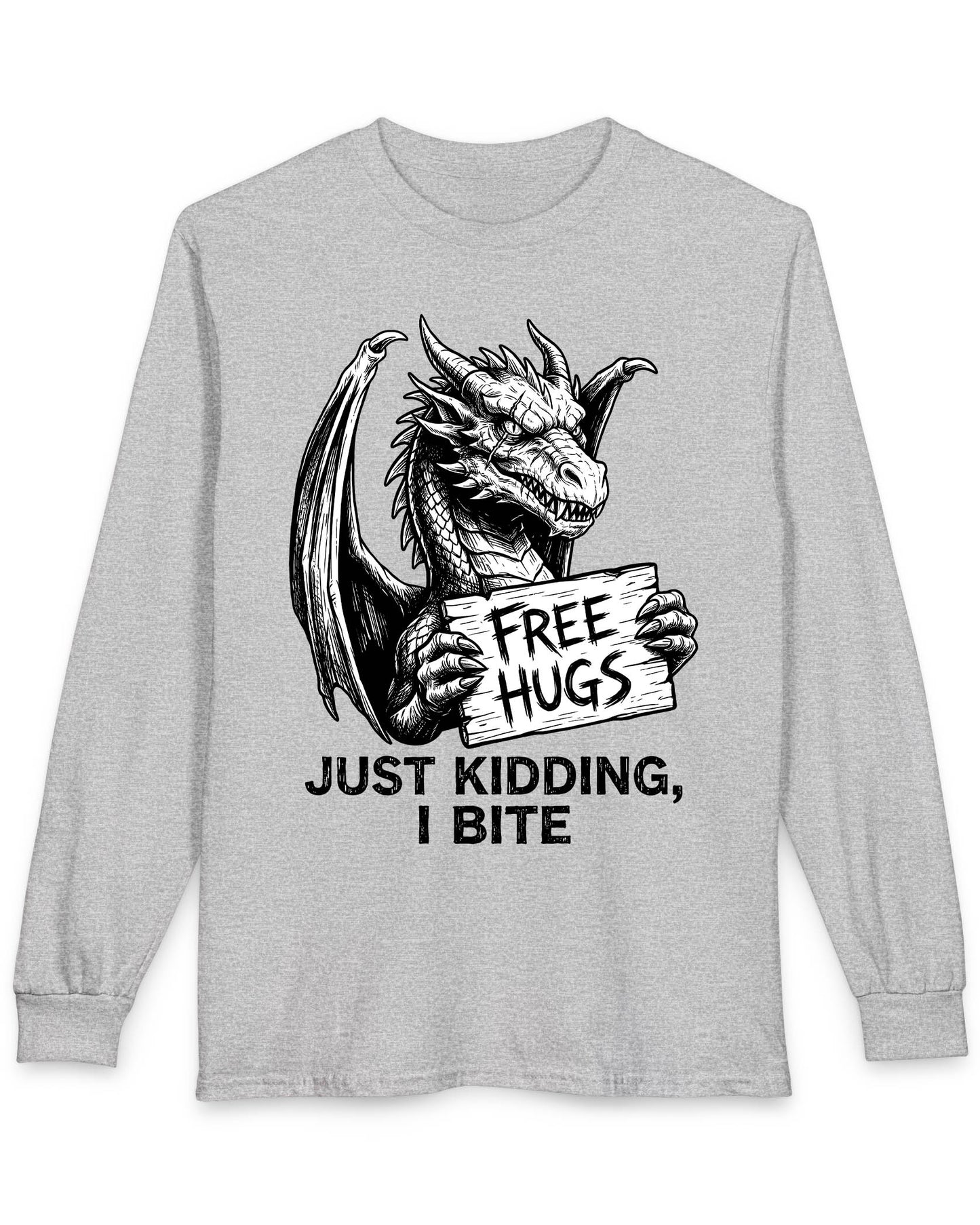 Just Kidding, I Bite shirt in sport grey featuring a dragon holding a Free Hugs sign with a mischievous warning