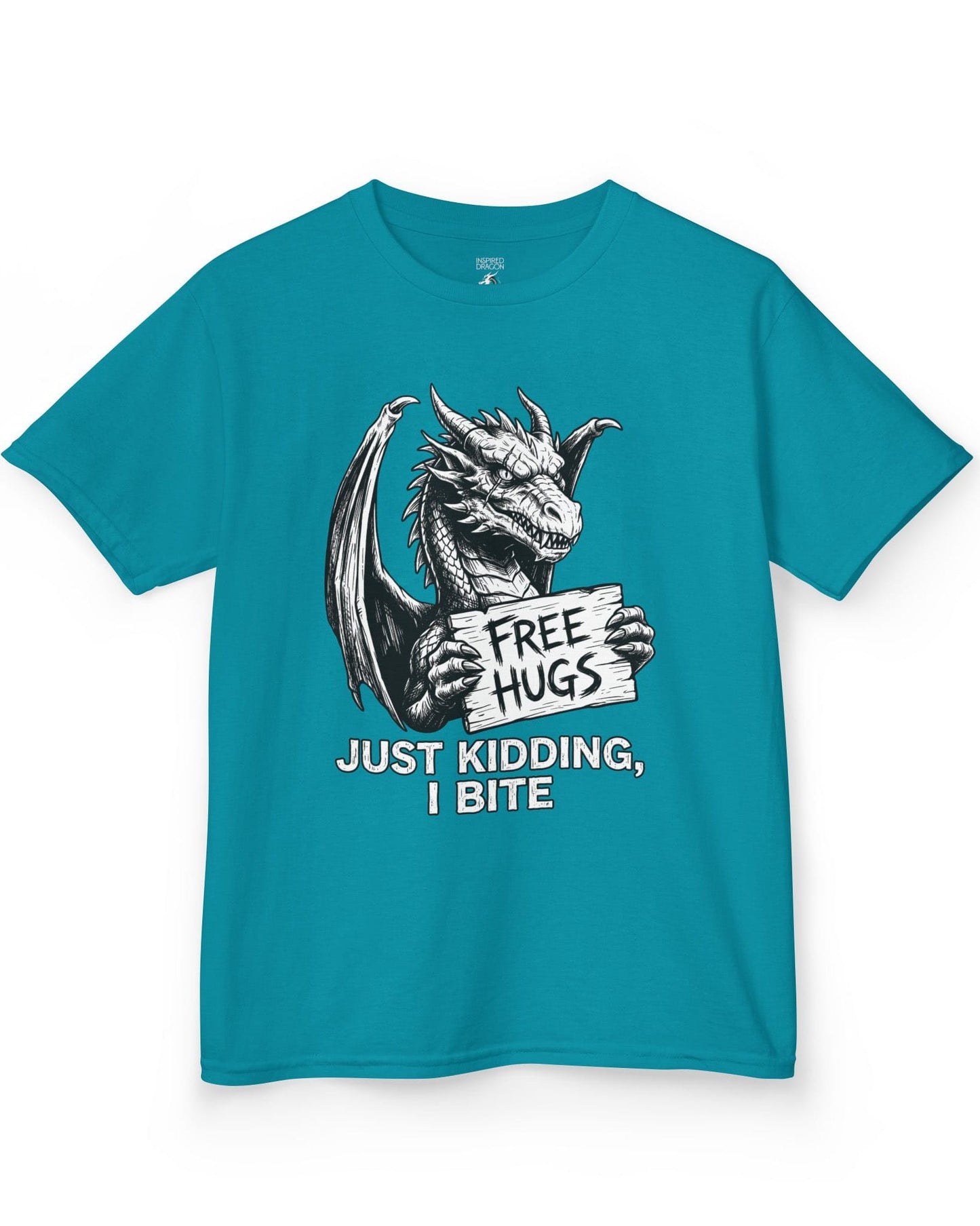 Just Kidding, I Bite shirt in tropical blue featuring a dragon holding a Free Hugs sign with a mischievous warning