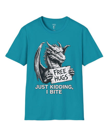 Just Kidding, I Bite shirt in tropical blue featuring a dragon holding a Free Hugs sign with a mischievous warning