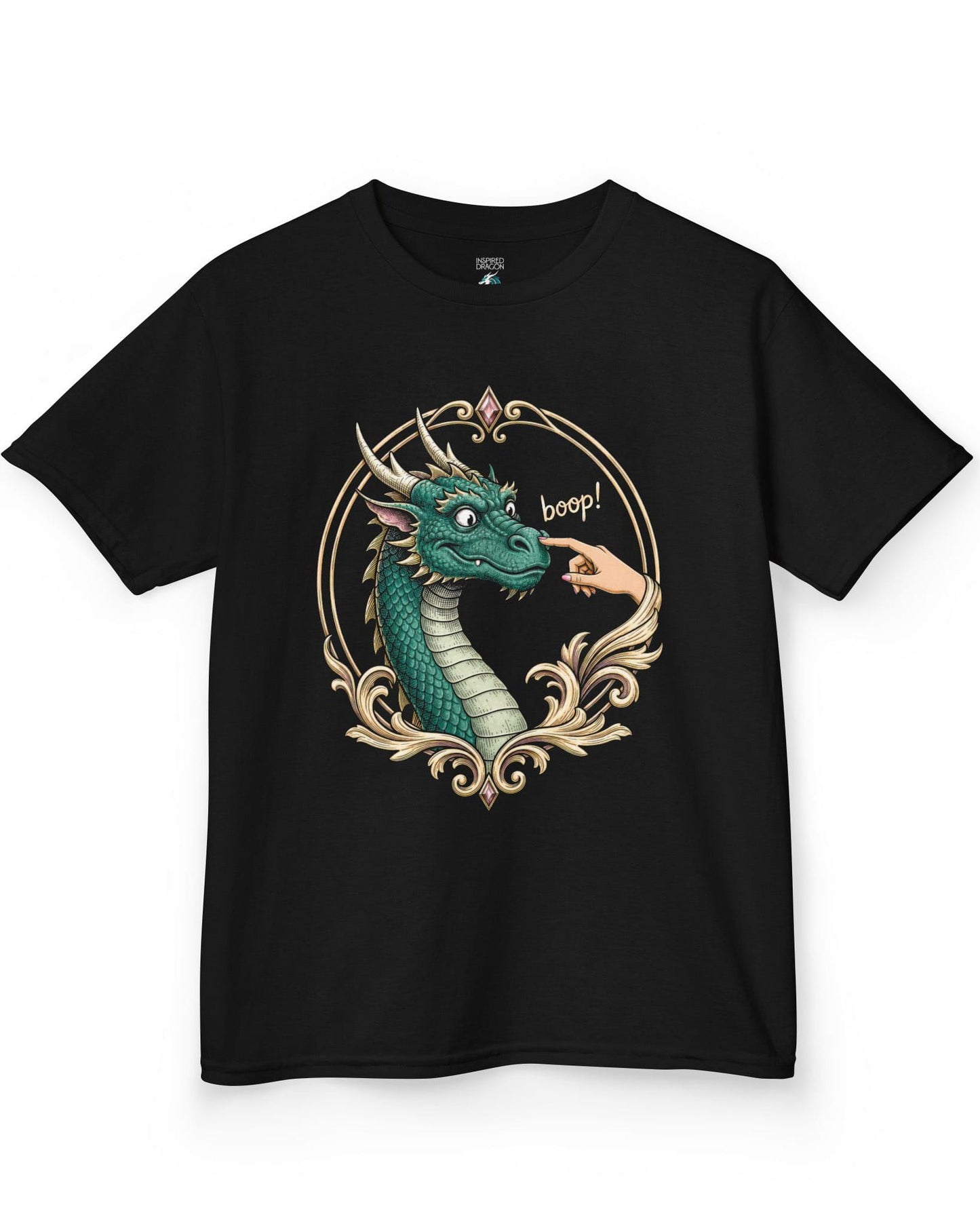 The Golden Boop shirt in black featuring a wide-eyed green dragon getting its nose booped by a feminine hand