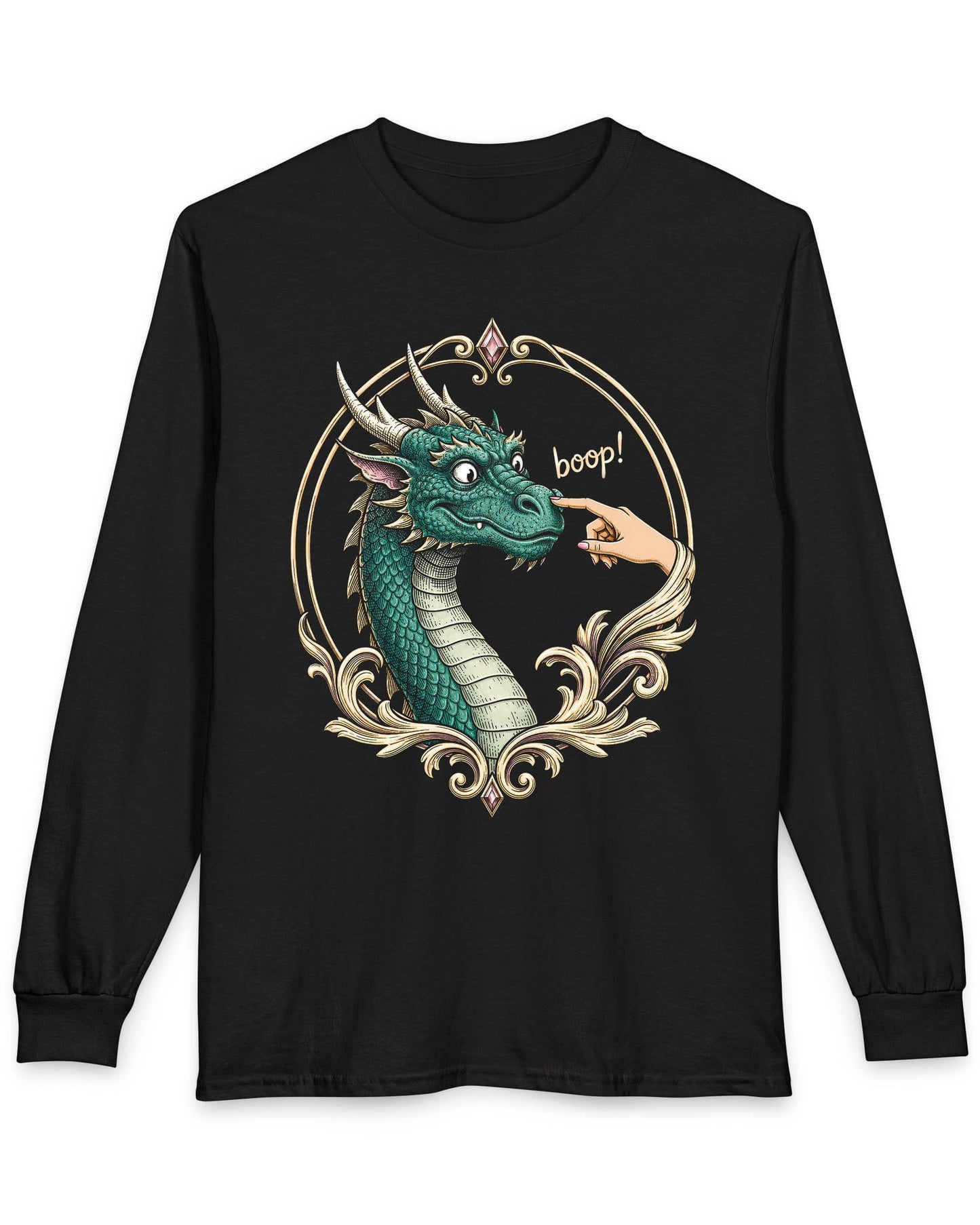 The Golden Boop shirt in black featuring a wide-eyed green dragon getting its nose booped by a feminine hand