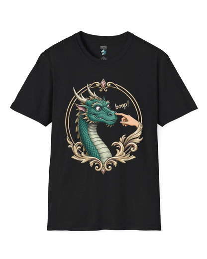The Golden Boop shirt in black featuring a wide-eyed green dragon getting its nose booped by a feminine hand