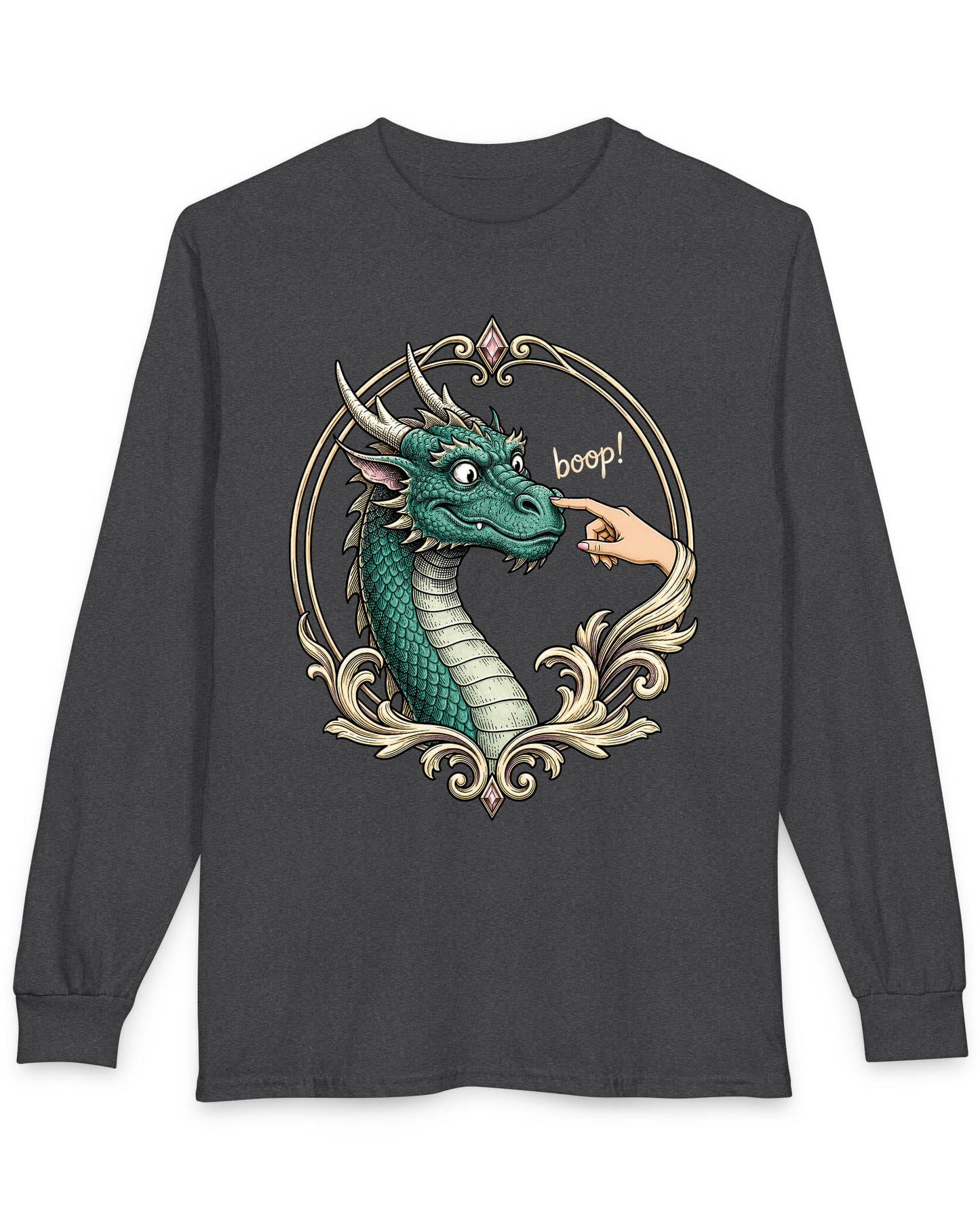 The Golden Boop shirt in dark heather featuring a wide-eyed green dragon getting its nose booped by a feminine hand