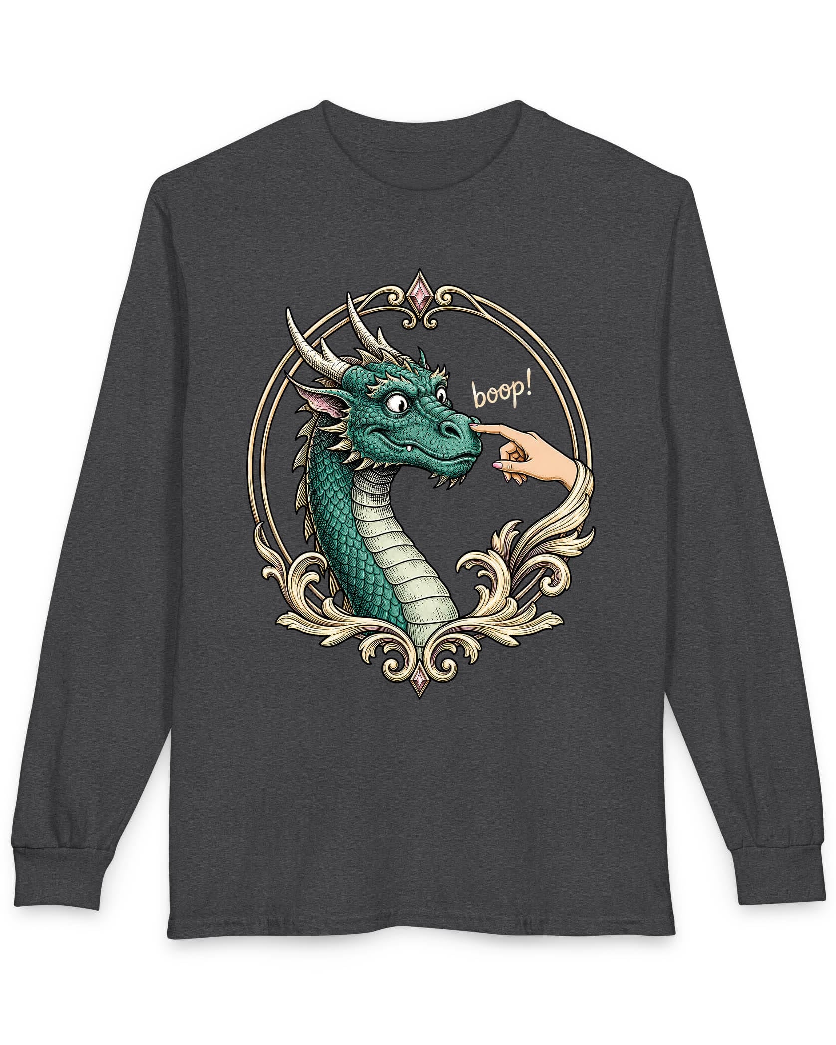 The Golden Boop shirt in dark heather featuring a wide-eyed green dragon getting its nose booped by a feminine hand