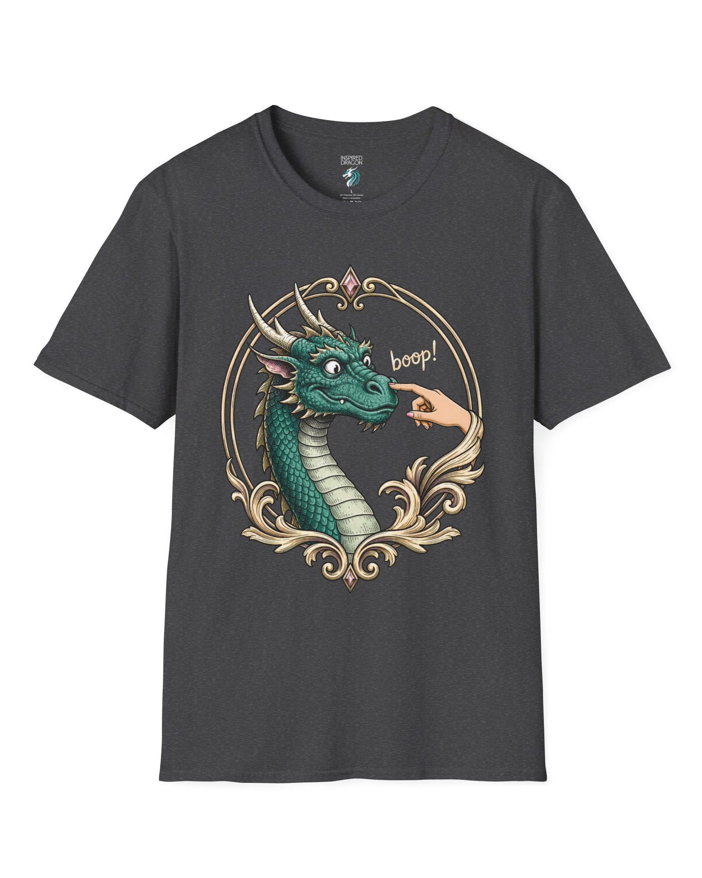 The Golden Boop shirt in dark heather featuring a wide-eyed green dragon getting its nose booped by a feminine hand