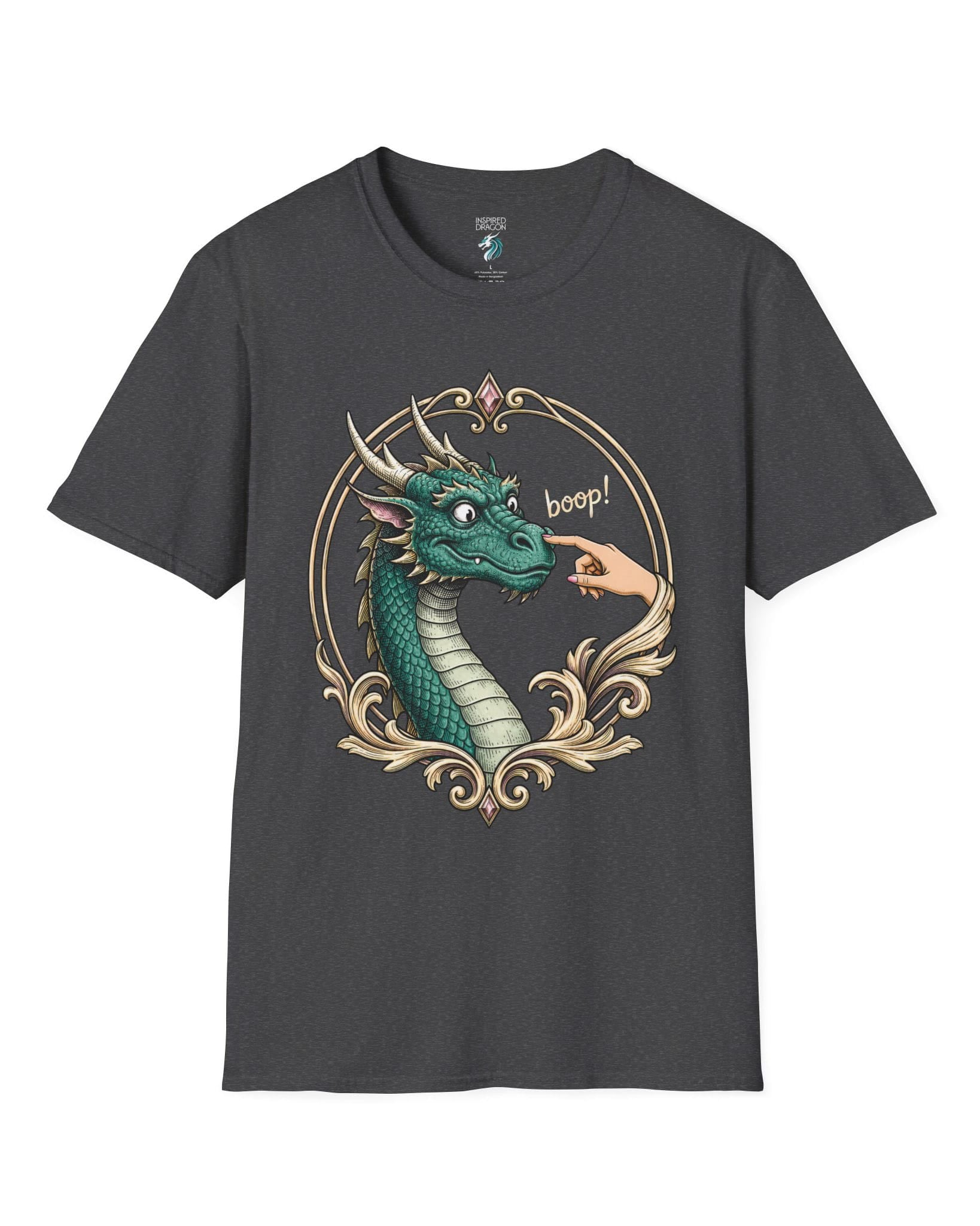 The Golden Boop shirt in dark heather featuring a wide-eyed green dragon getting its nose booped by a feminine hand